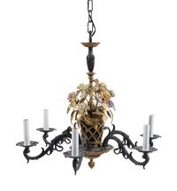 A French Porcelain, Tôle and Cast Metal Six-Light Chandelier