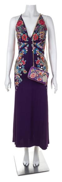 A Roberto Cavalli Purple Floral Embellished Halter Gown, Clutch: 7.5" x 4.75" x 1".