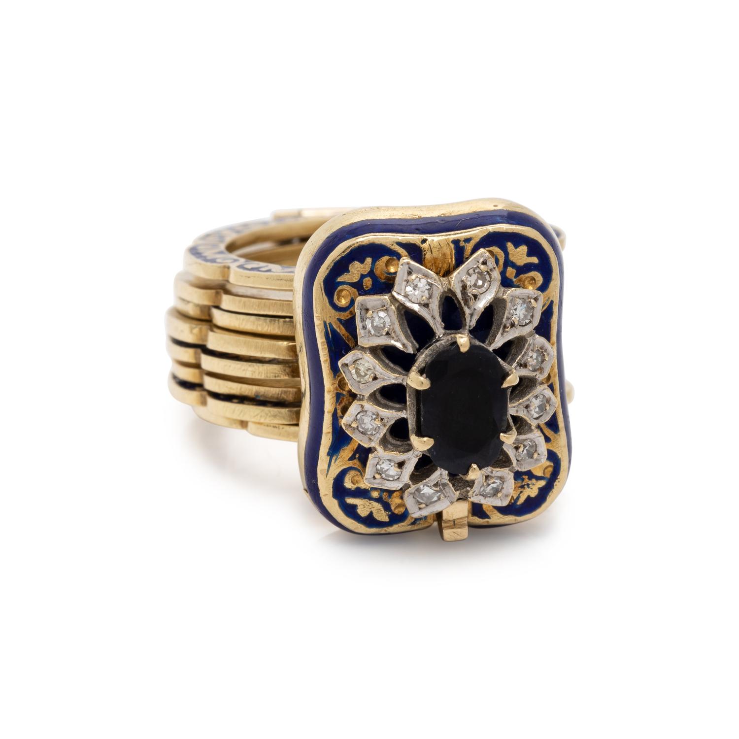 CONVERTIBLE YELLOW GOLD, DIAMOND AND ENAMEL RING/ BRACELET