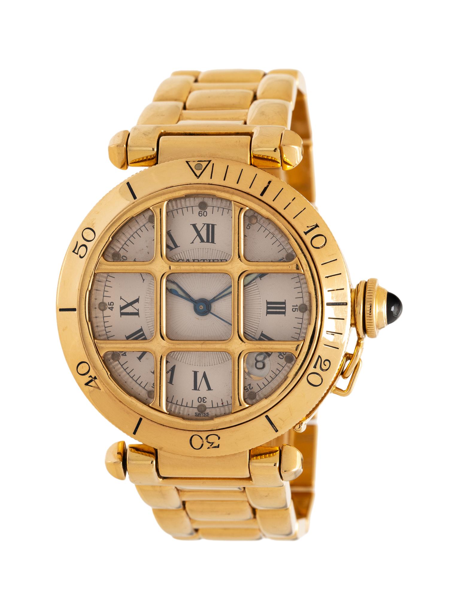 CARTIER, REF. 1021 18K YELLOW GOLD 'PASHA' DATE WATCH WITH FIXED GRID, BOX & MANUALS