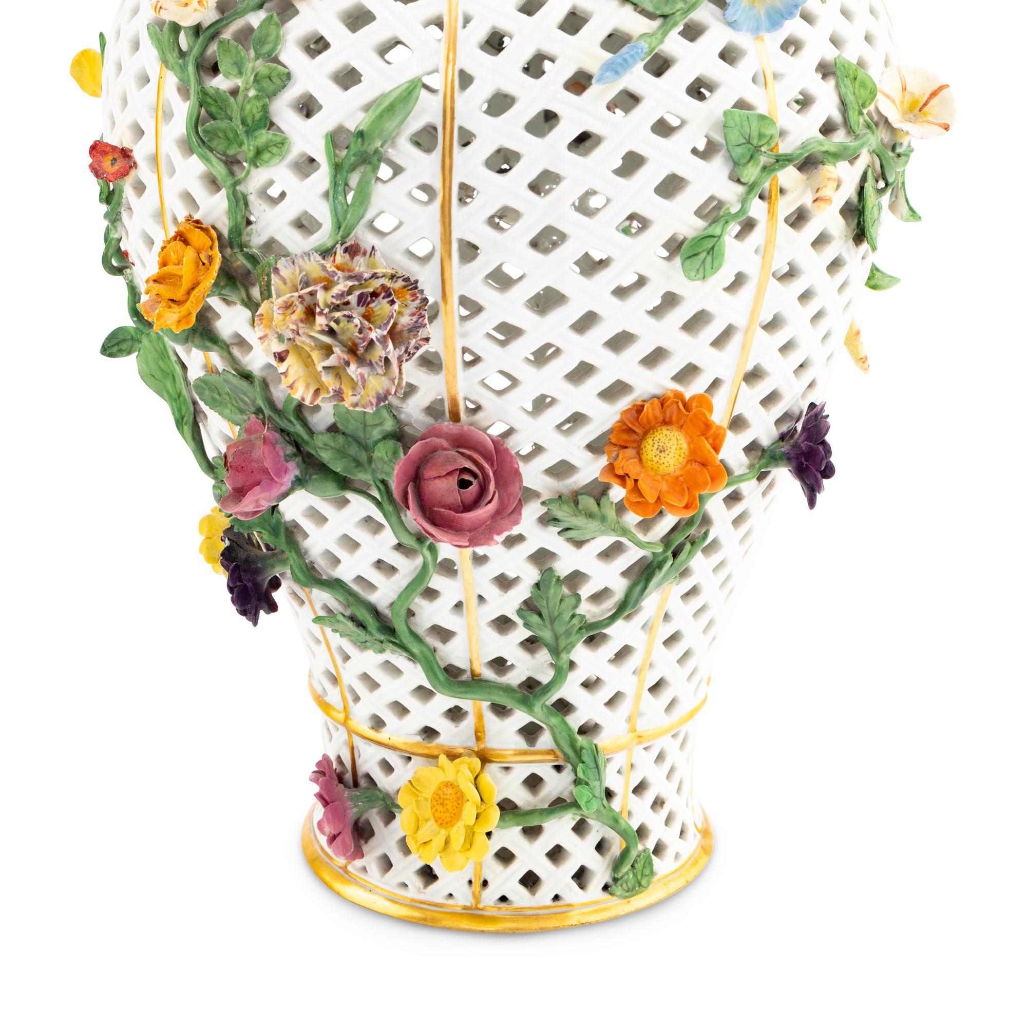 A Pair of Meissen Porcelain Reticulated Urns