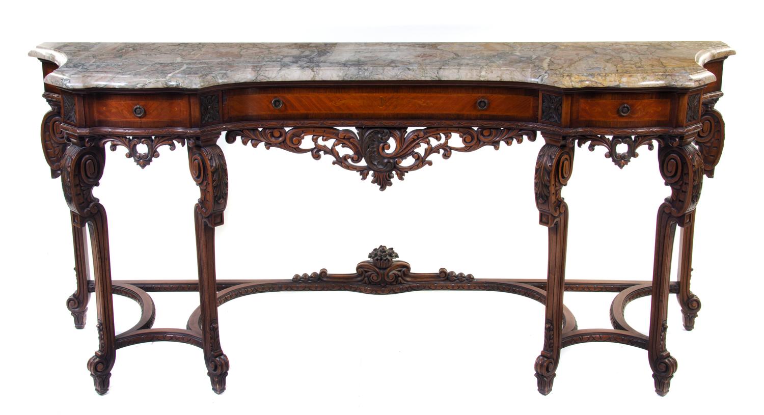 A Louis XVI Style Marquetry Console Table Height 39 x width 84 1/2 x depth 22 1/2 inches. — ITALIAN, FIRST HALF 20TH CENTURY