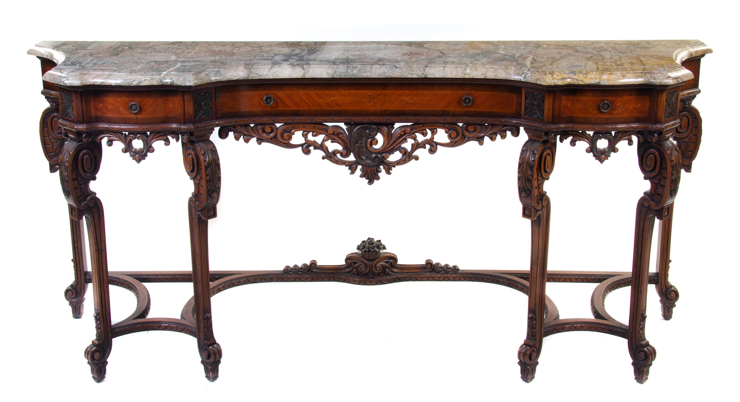 A Louis XVI Style Marquetry Console Table Height 39 x width 84 1/2 x depth 22 1/2 inches. — ITALIAN, FIRST HALF 20TH CENTURY