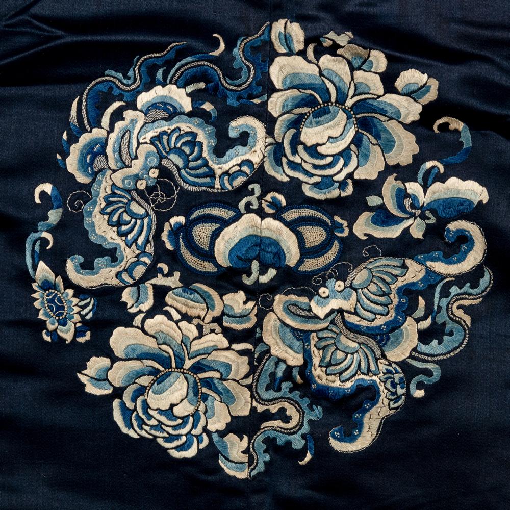 Two Chinese Silk Rectangular Panels, 19th Century 清晚期 織錦壽字紋椅披及石青緞牡丹紋綉片一幅