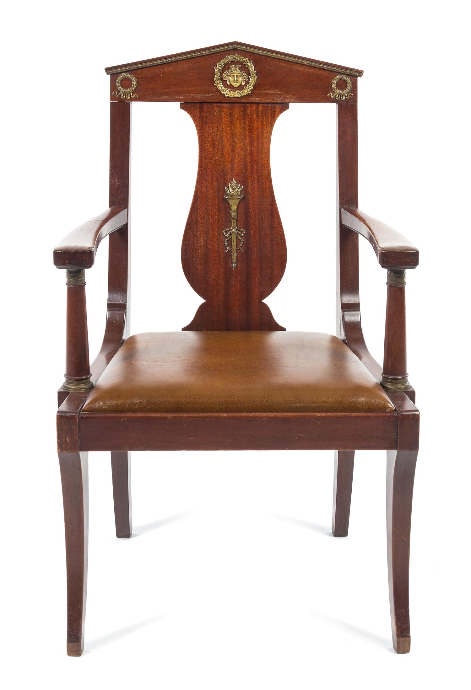 An Empire Style Gilt-Metal Mounted Mahogany Fauteuil Height 38 1/2 inches. — FIRST HALF 20TH CENTURY