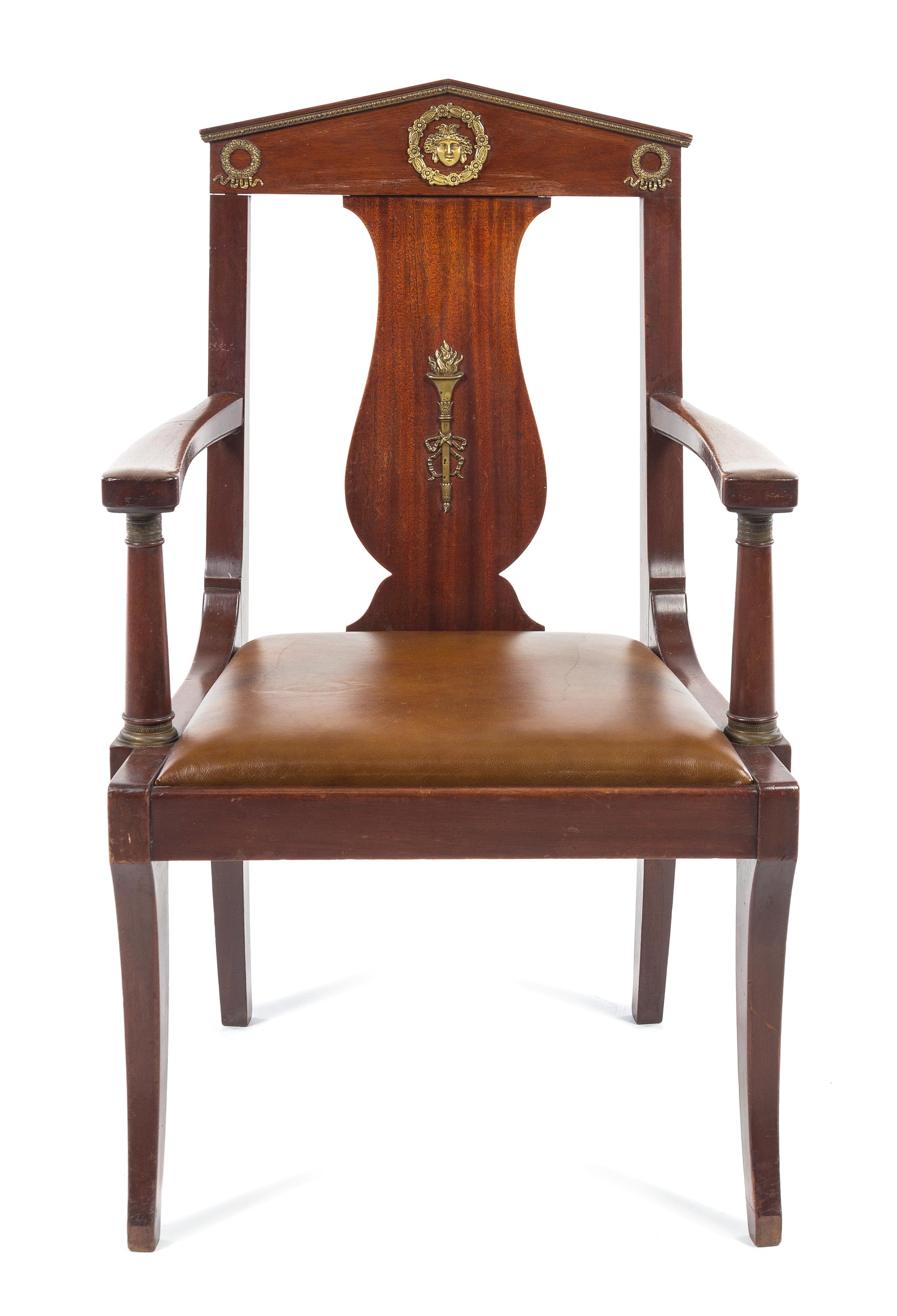 An Empire Style Gilt-Metal Mounted Mahogany Fauteuil Height 38 1/2 inches. — FIRST HALF 20TH CENTURY