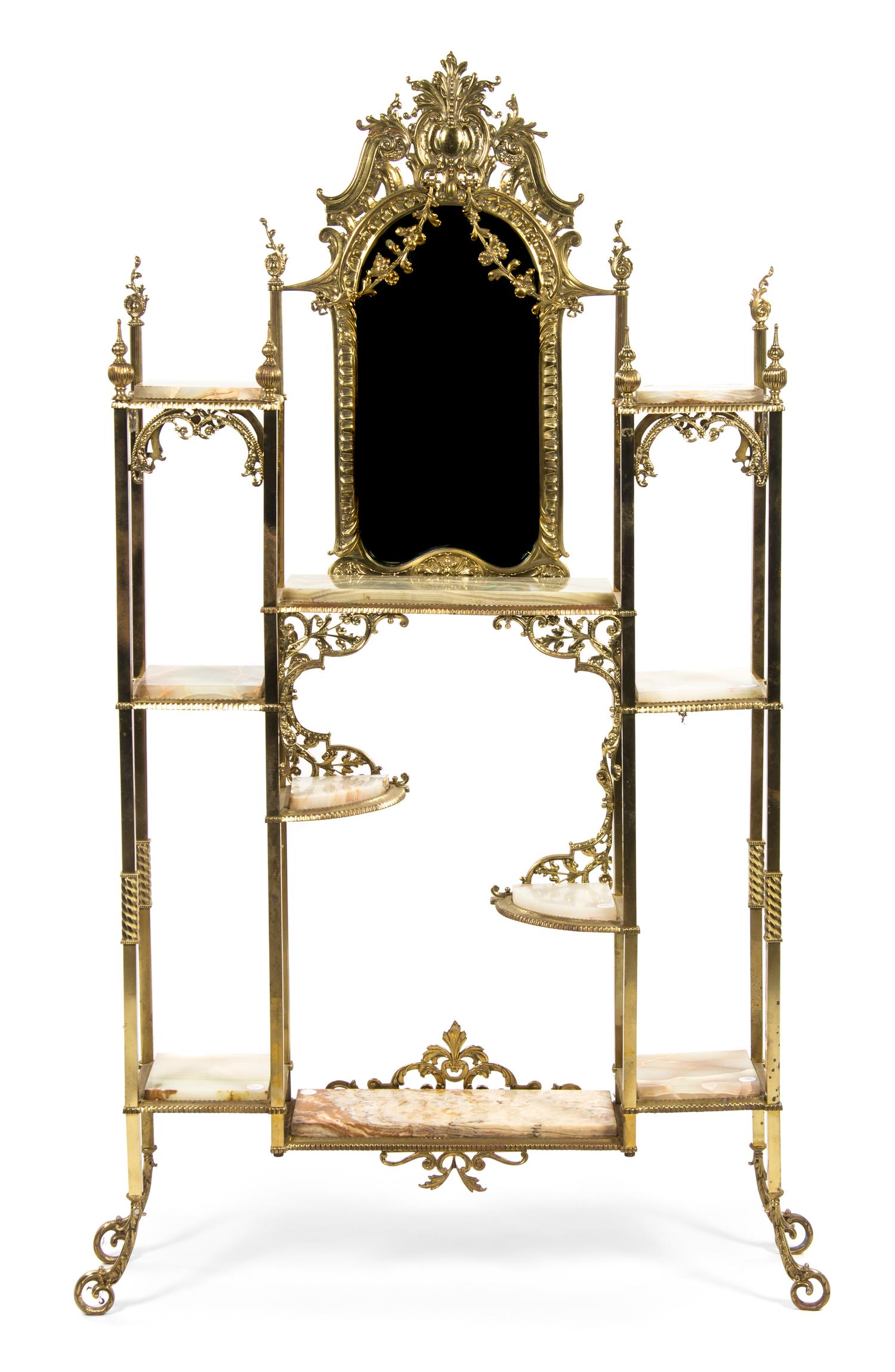 A Victorian Brass and Onyx Etagere, Height 73 3/4 x width 38 1/8 inches.