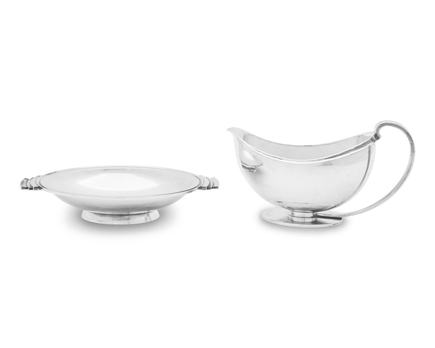 A Harald Nielsen Designed Georg Jensen Silver Pyramid Bowl and Associated Harald Nielsen Designed Sauceboat