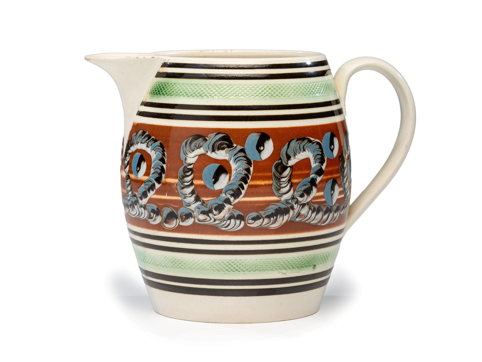 A 'Worm and Cat's Eye' Mochaware Pitcher