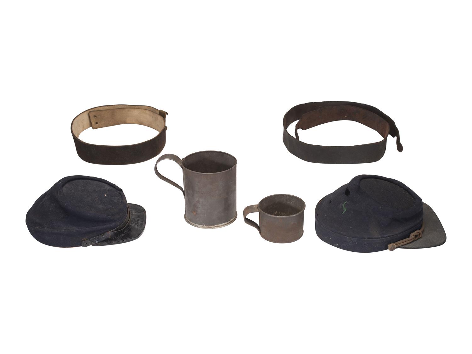 [CIVIL WAR - LATE INDIAN WARS]. 5 items, incl. pattern 1864 leather belt and kepis.
