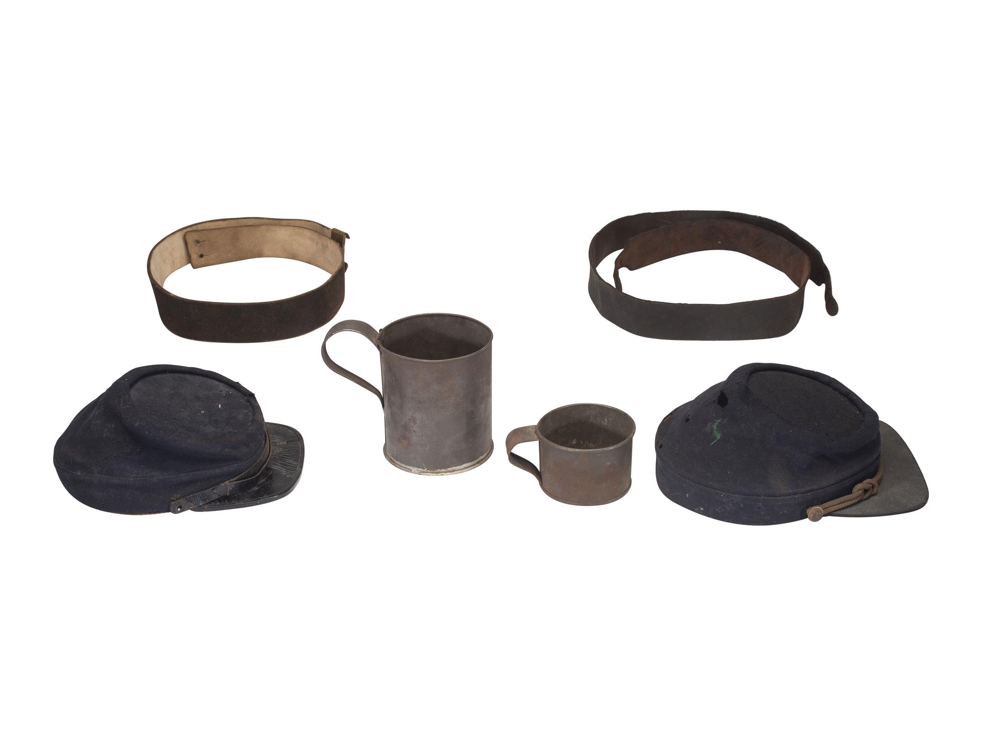 [CIVIL WAR - LATE INDIAN WARS]. 5 items, incl. pattern 1864 leather belt and kepis.