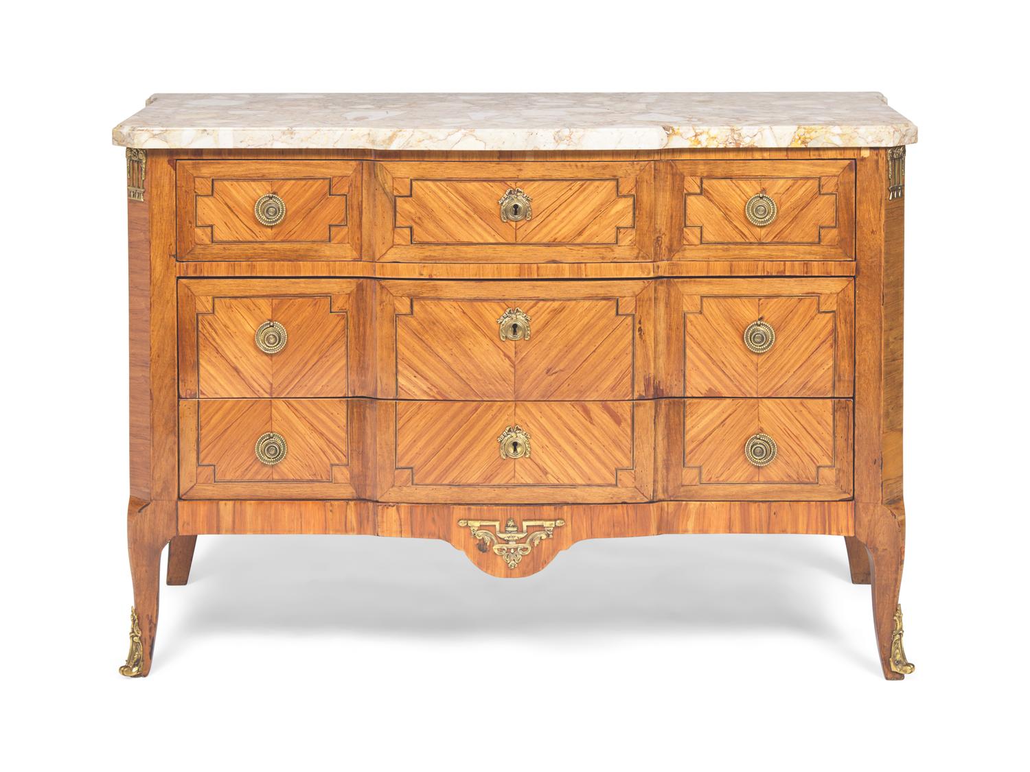 A Late Louis XV Tulipwood Parquetry and Gilt-Bronze Mounted Commode