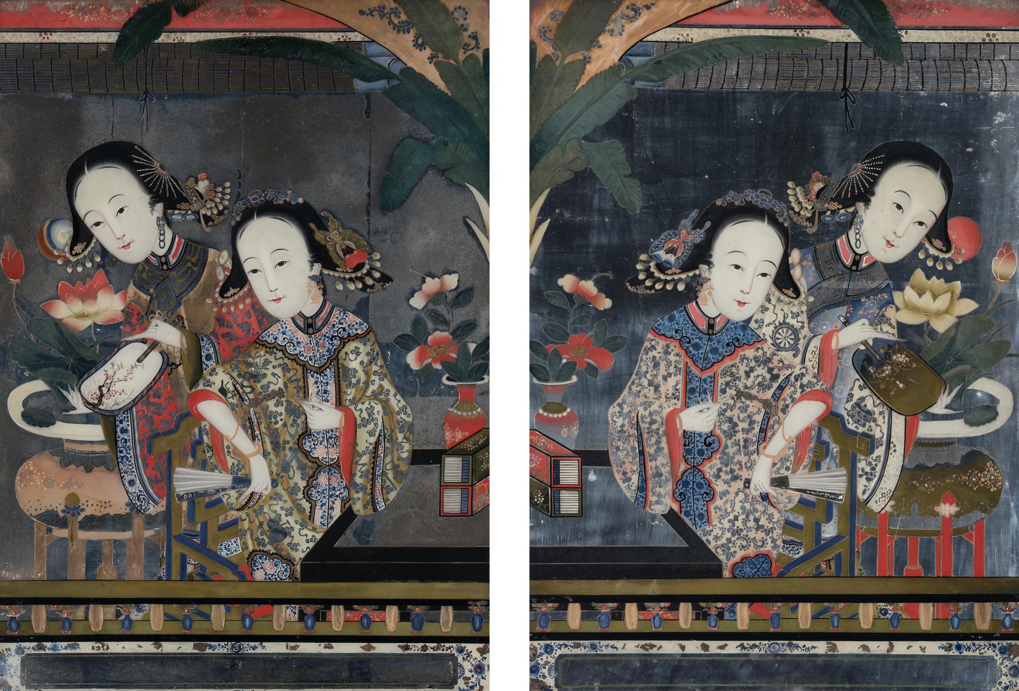 A Pair of Chinese Reverse Painted Mirror Panels