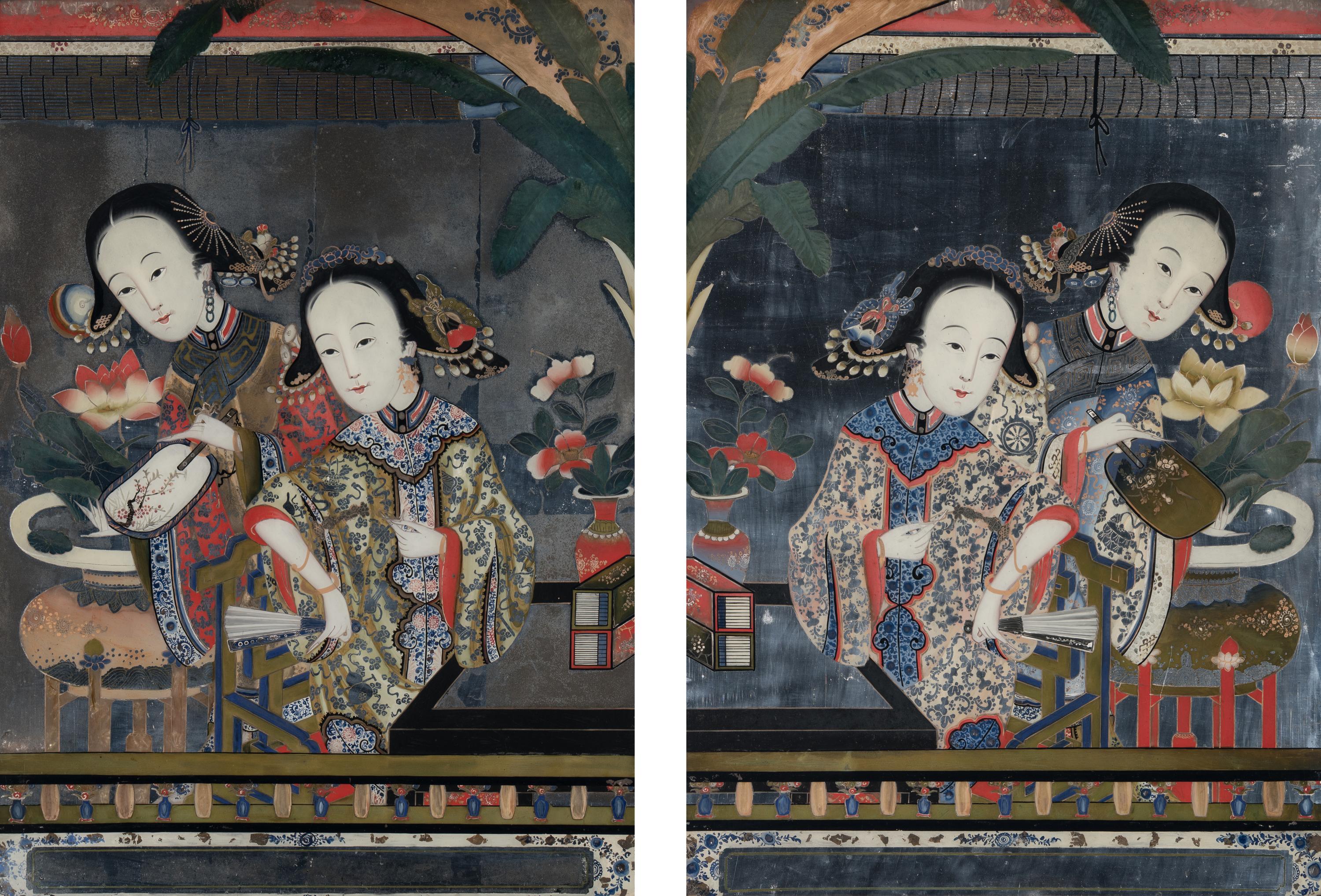 A Pair of Chinese Reverse Painted Mirror Panels