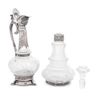 A Continental Silver Mounted Etched Glass Decanter and an English Silver-Plate Mounted Etched Glass Claret Jug
