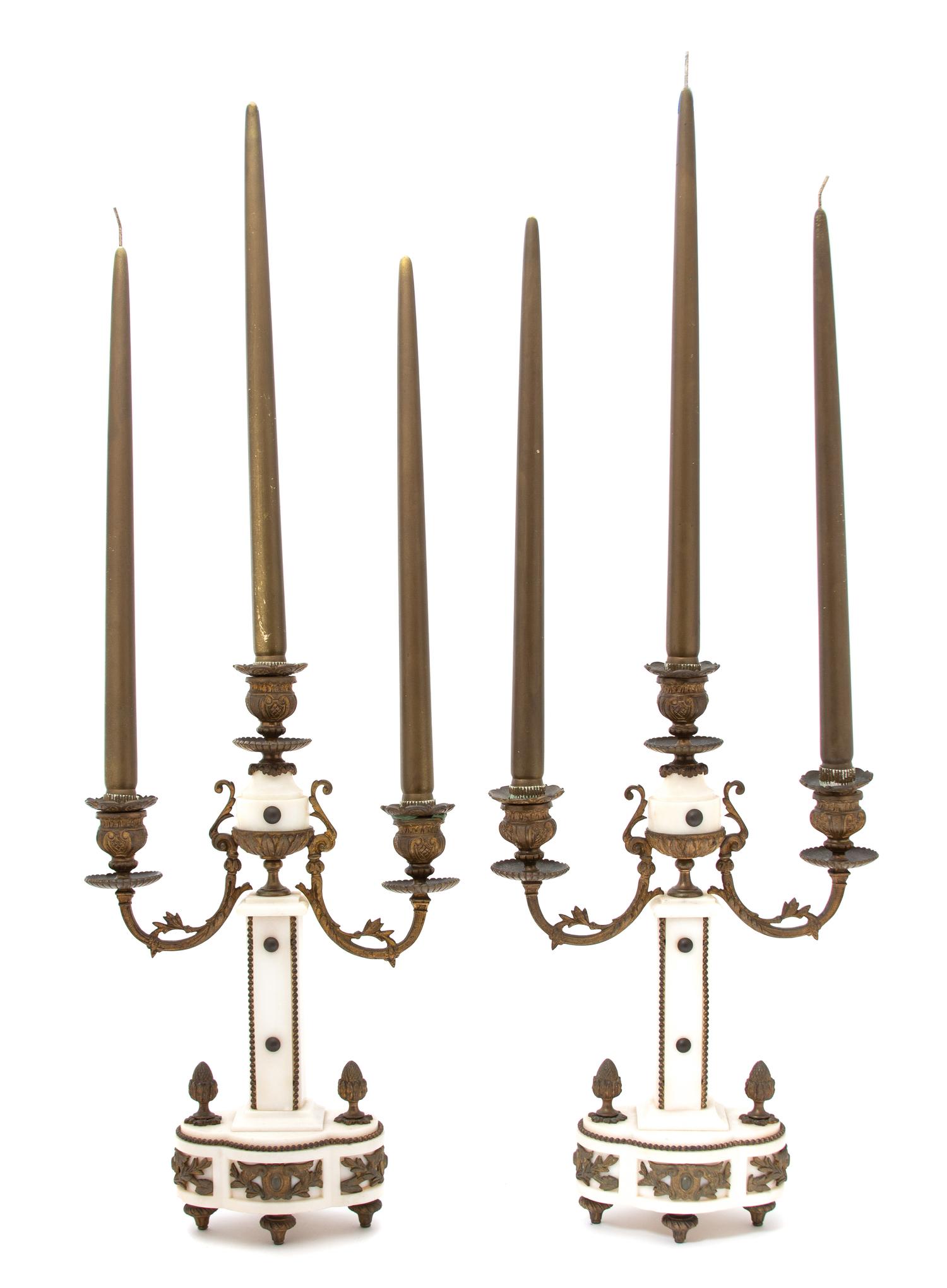 A Pair of Louis XVI Style Gilt Bronze Mounted White Marble Candelabra Height 15 x width 10 x depth 4 inches. — 19TH CENTURY