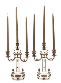 A Pair of Louis XVI Style Gilt Bronze Mounted White Marble Candelabra Height 15 x width 10 x depth 4 inches. — 19TH CENTURY