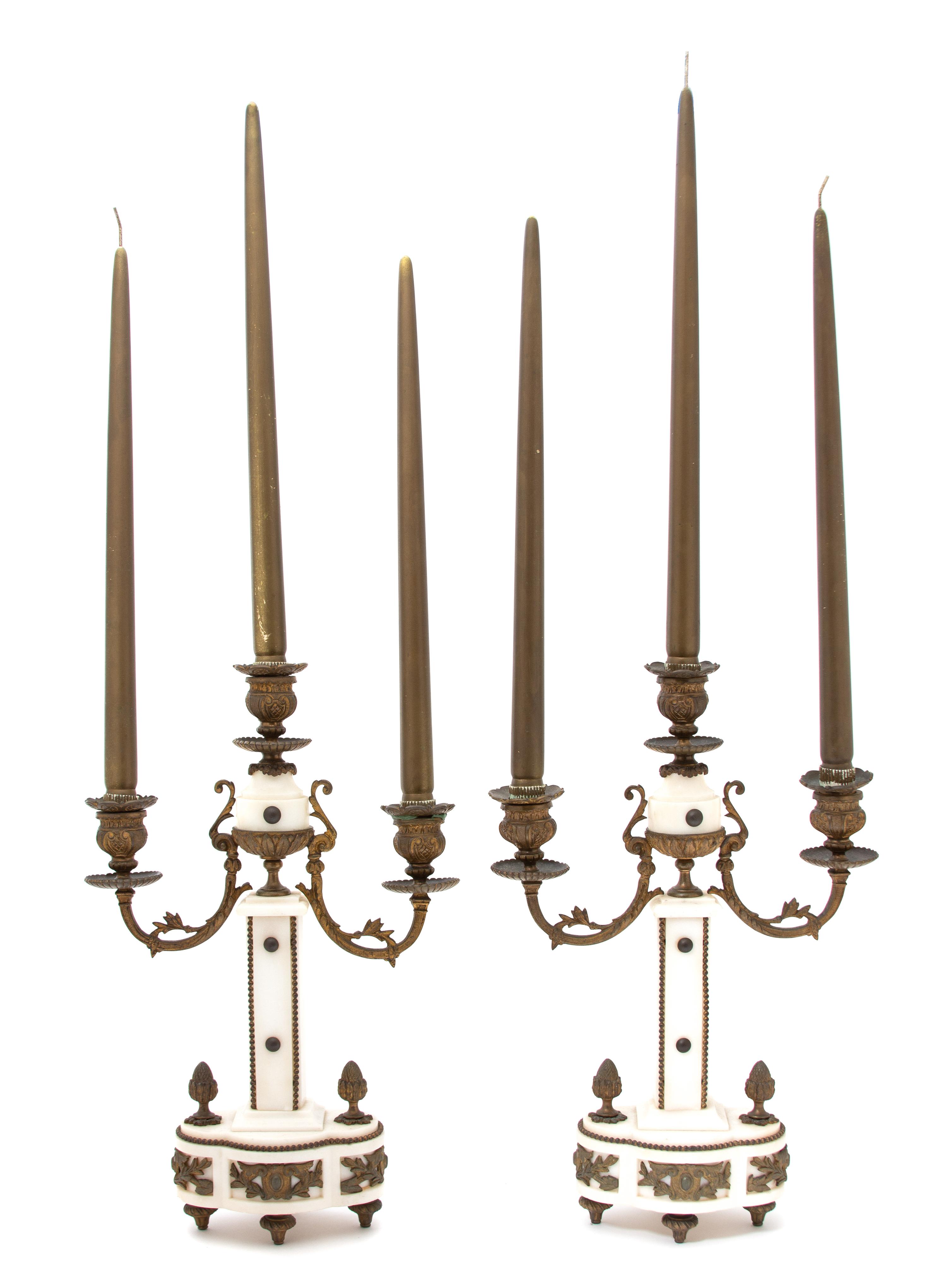 A Pair of Louis XVI Style Gilt Bronze Mounted White Marble Candelabra Height 15 x width 10 x depth 4 inches. — 19TH CENTURY