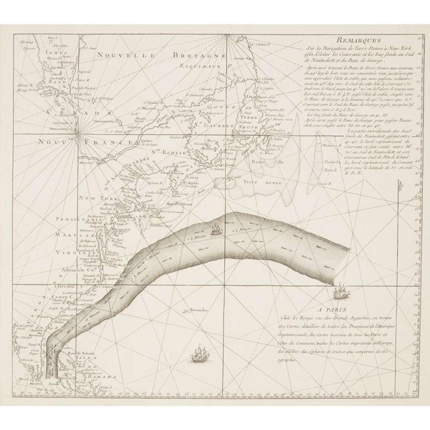 A Benjamin Franklin owned Chart of the Gulf Stream, Remarques Sur la Navigation de Terre-Neuve a New -York afin d'eviter les Courrants et les bas-fonds au Sud de Nantucket et du Banc de George George-Louis Le Rouge, Paris, circa 1783