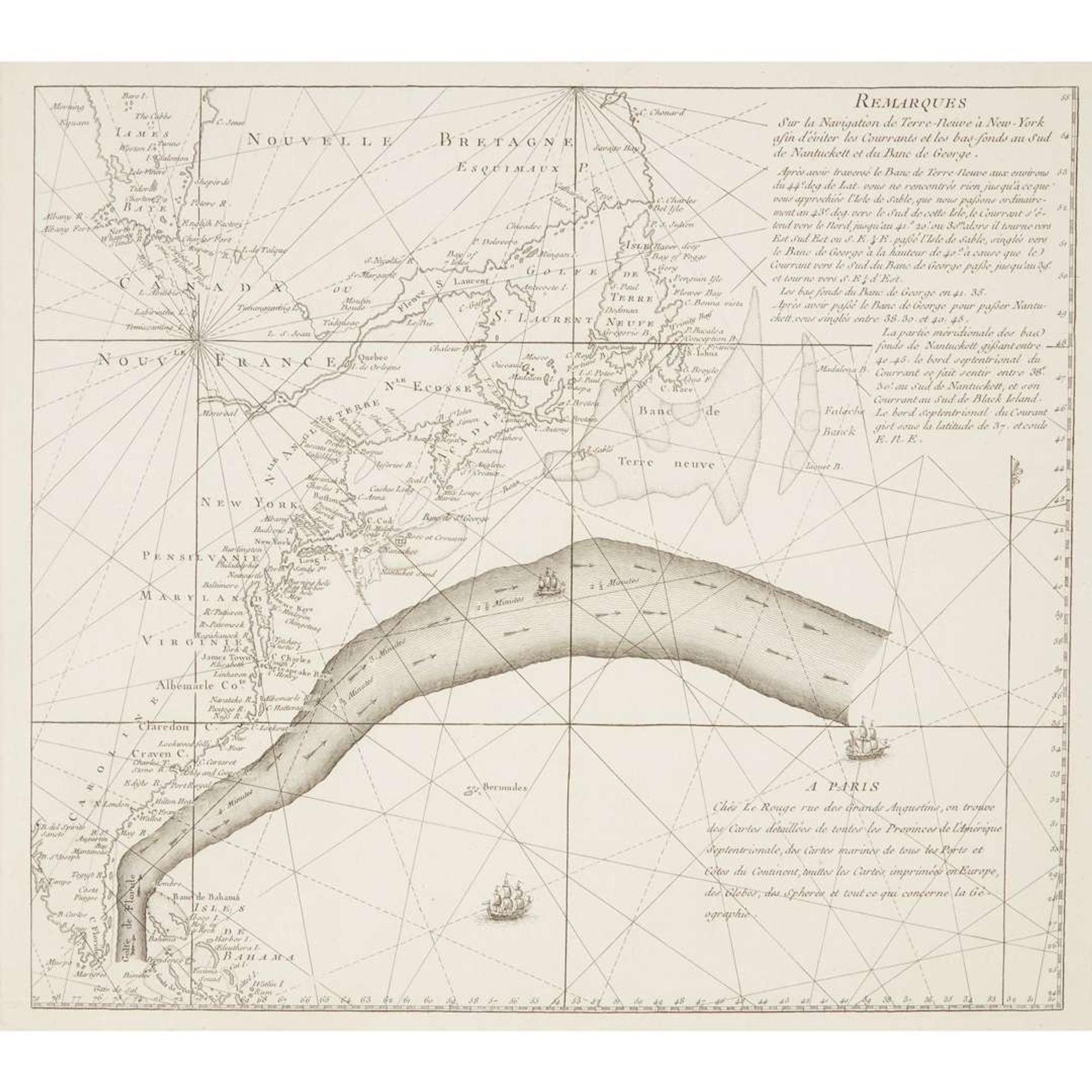 A Benjamin Franklin owned Chart of the Gulf Stream, Remarques Sur la Navigation de Terre-Neuve a New -York afin d'eviter les Courrants et les bas-fonds au Sud de Nantucket et du Banc de George George-Louis Le Rouge, Paris, circa 1783