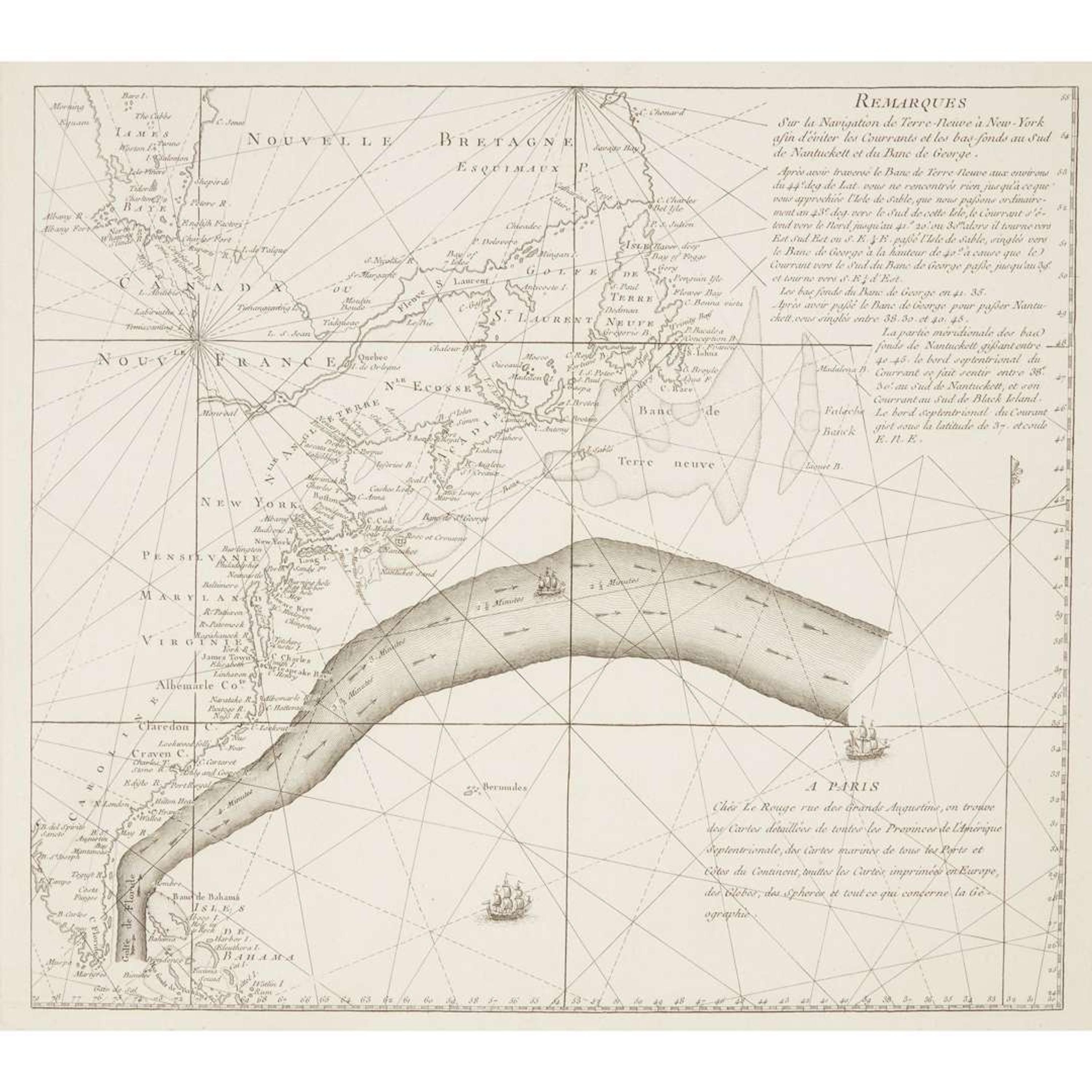 A Benjamin Franklin owned Chart of the Gulf Stream, Remarques Sur la Navigation de Terre-Neuve a New -York afin d'eviter les Courrants et les bas-fonds au Sud de Nantucket et du Banc de George George-Louis Le Rouge, Paris, circa 1783