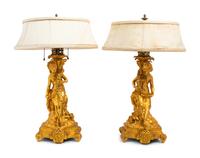 A Pair of French Gilt Bronze Figural Fluid Lamps Converted to Electricity
