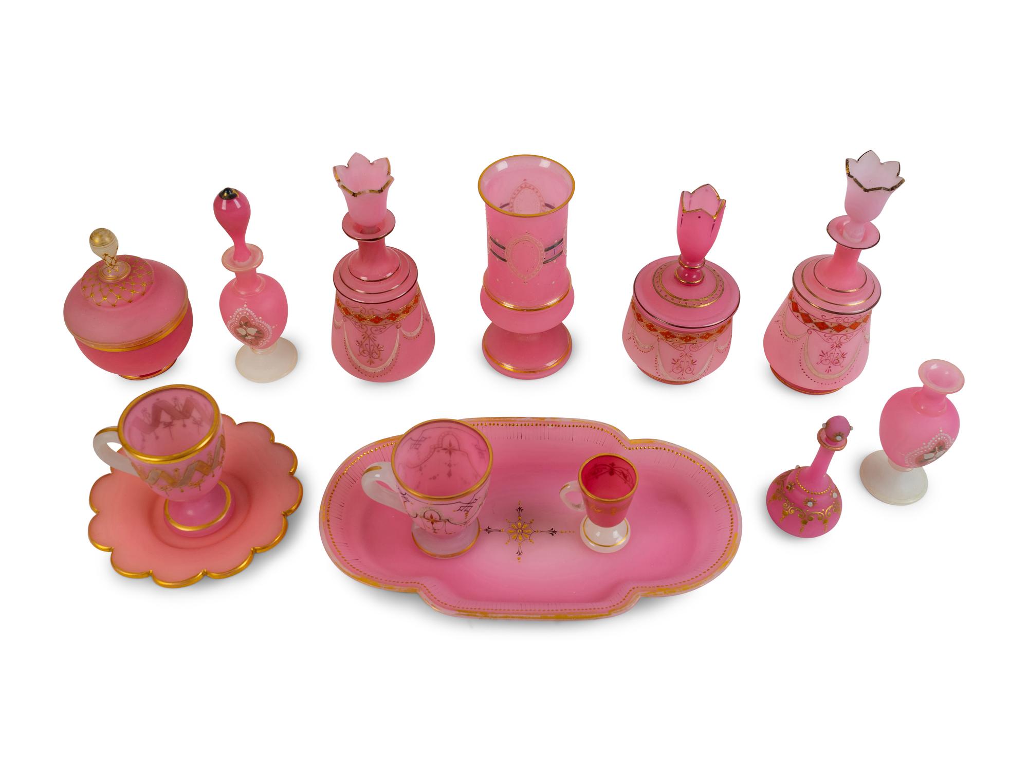 A Collection of Thirteen French Pink Opaline Glass Items — 19TH CENTURY