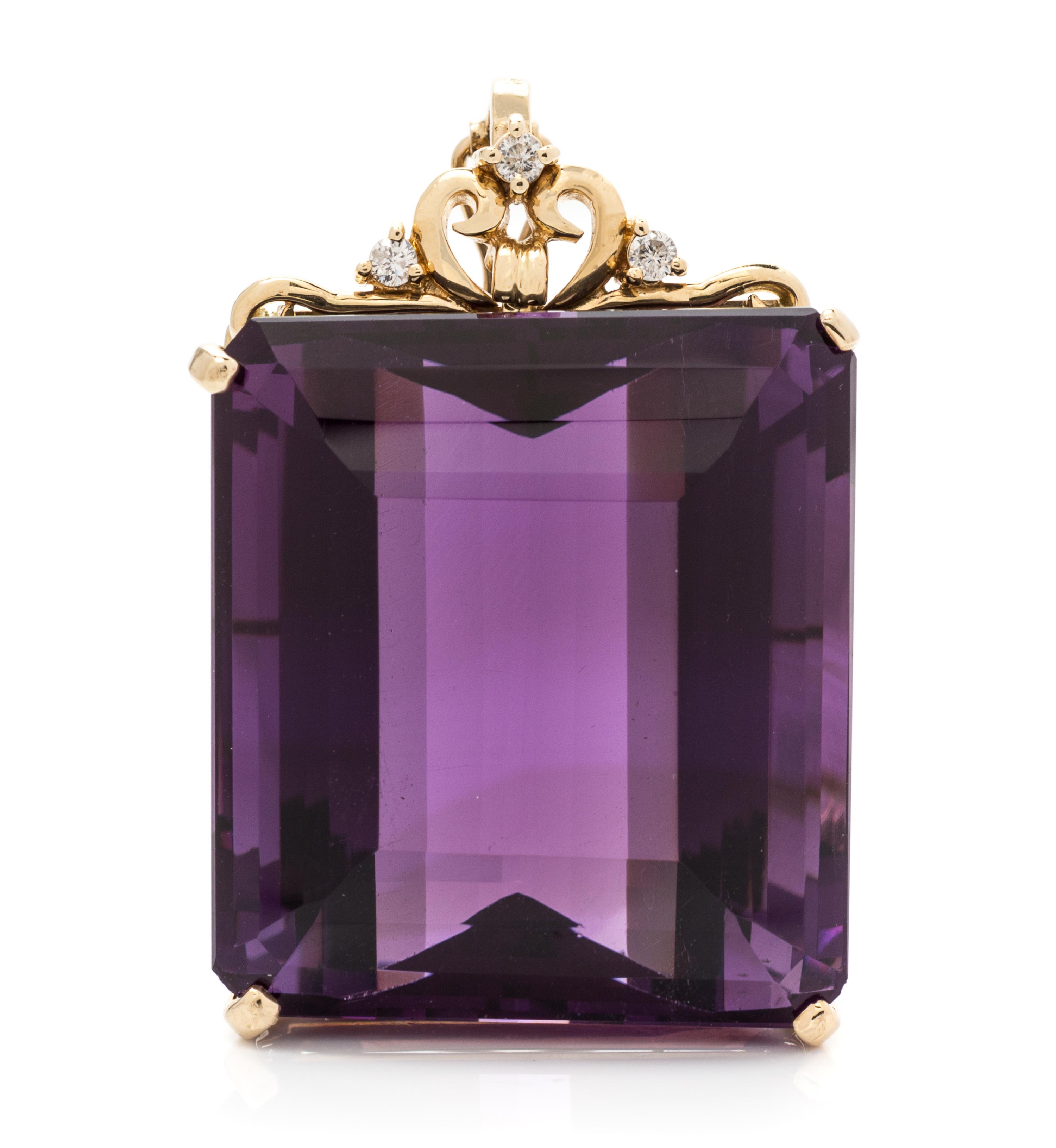 A 14 Karat Yellow Gold, Amethyst and Diamond Pendant, 14.40 dwts.