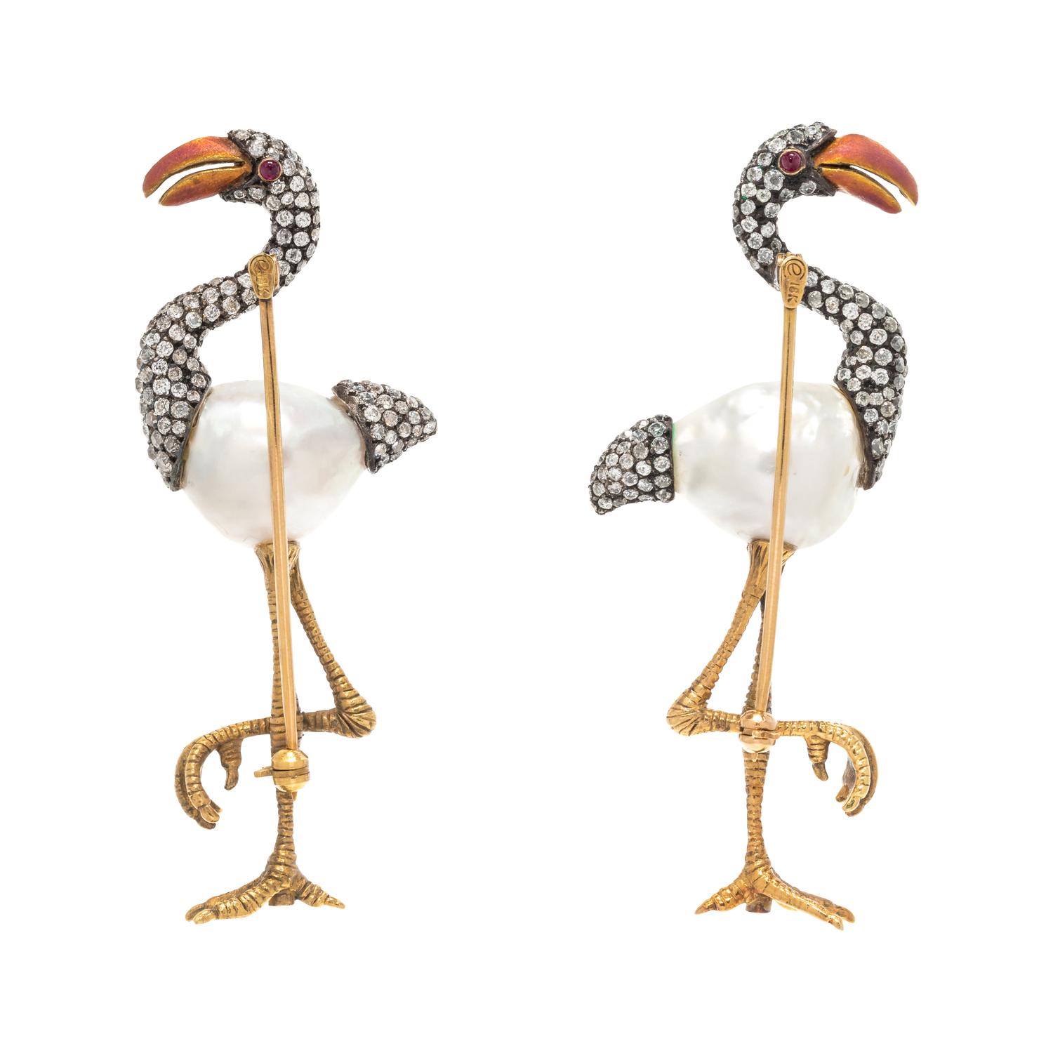 EVELYN CLOTHIER, CULTURED BAROQUE PEARL AND DIAMOND FLAMINGO BROOCHES