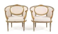 A Pair of Louis XVI Style Painted and Parcel Gilt Bergeres Height 31 1/2 x width 30 5/8 inches. — 19TH CENTURY