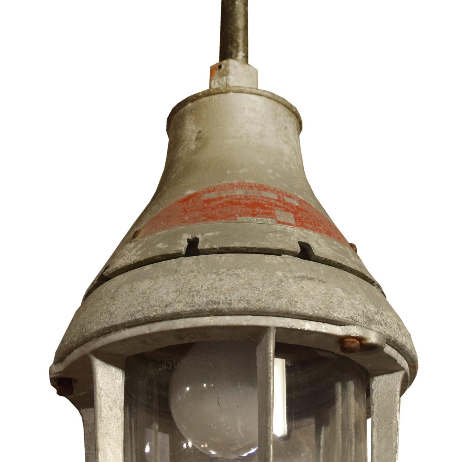 A Metal and Glass Industrial Pendant Light, Crouse Hinds 9" W x 9" D x 40" H — United States, Circa 1940