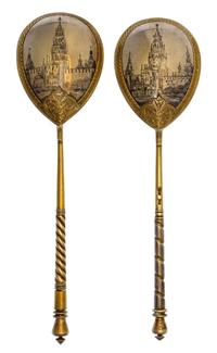 Two Russian Silver-Gilt and Niello Spoons, Mark likely of M.F. Sokolov, kokoshnik mark of Ivan Lebedkin, Moscow, late 19th century, eac