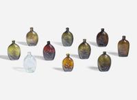 A collection of ten mold-blown colored glass flasks, various makers, 19th century