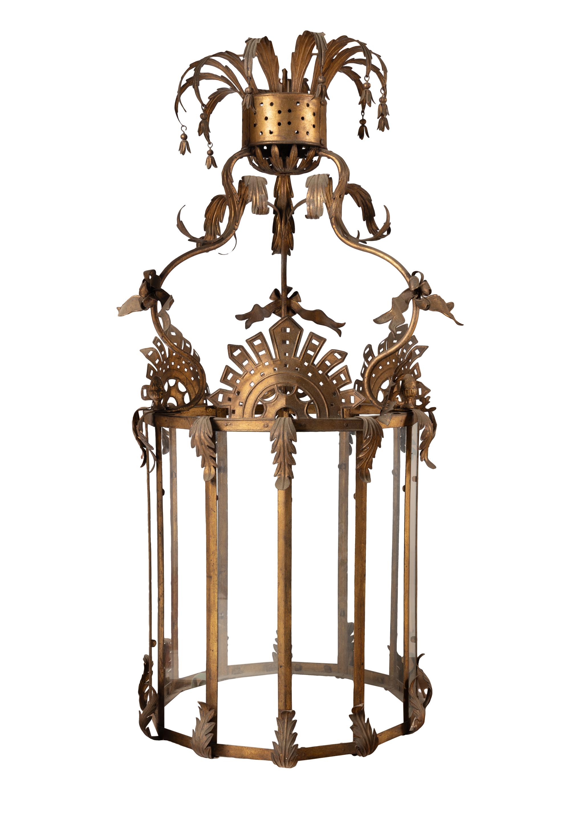 A Large Gilt Tôle, Glass and Giltwood Hall Lantern from the Embassy of Italy, Washington, D.C.