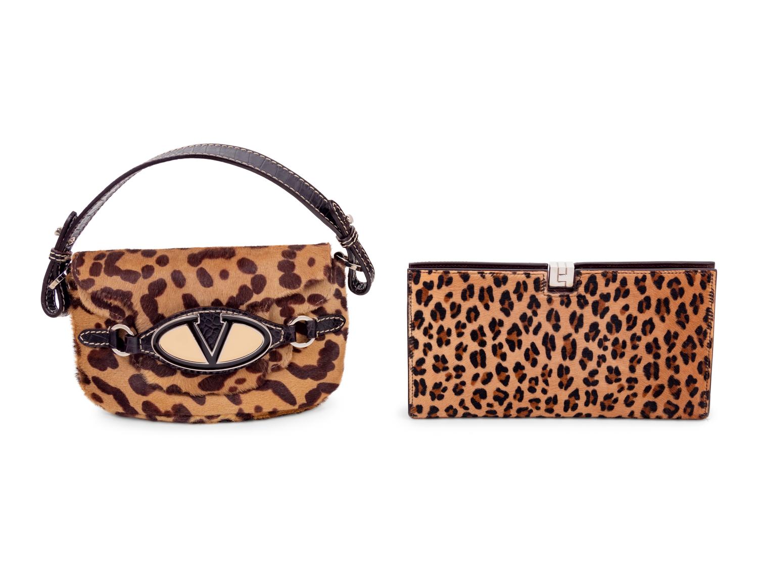 Four Animal Print Pieces: One Lambertson Truex Frame Clutch Bag, One Valentino Double Flap Bag, One Pair of Gucci Sling Back Shoes, One Pair of Louboutin Boots