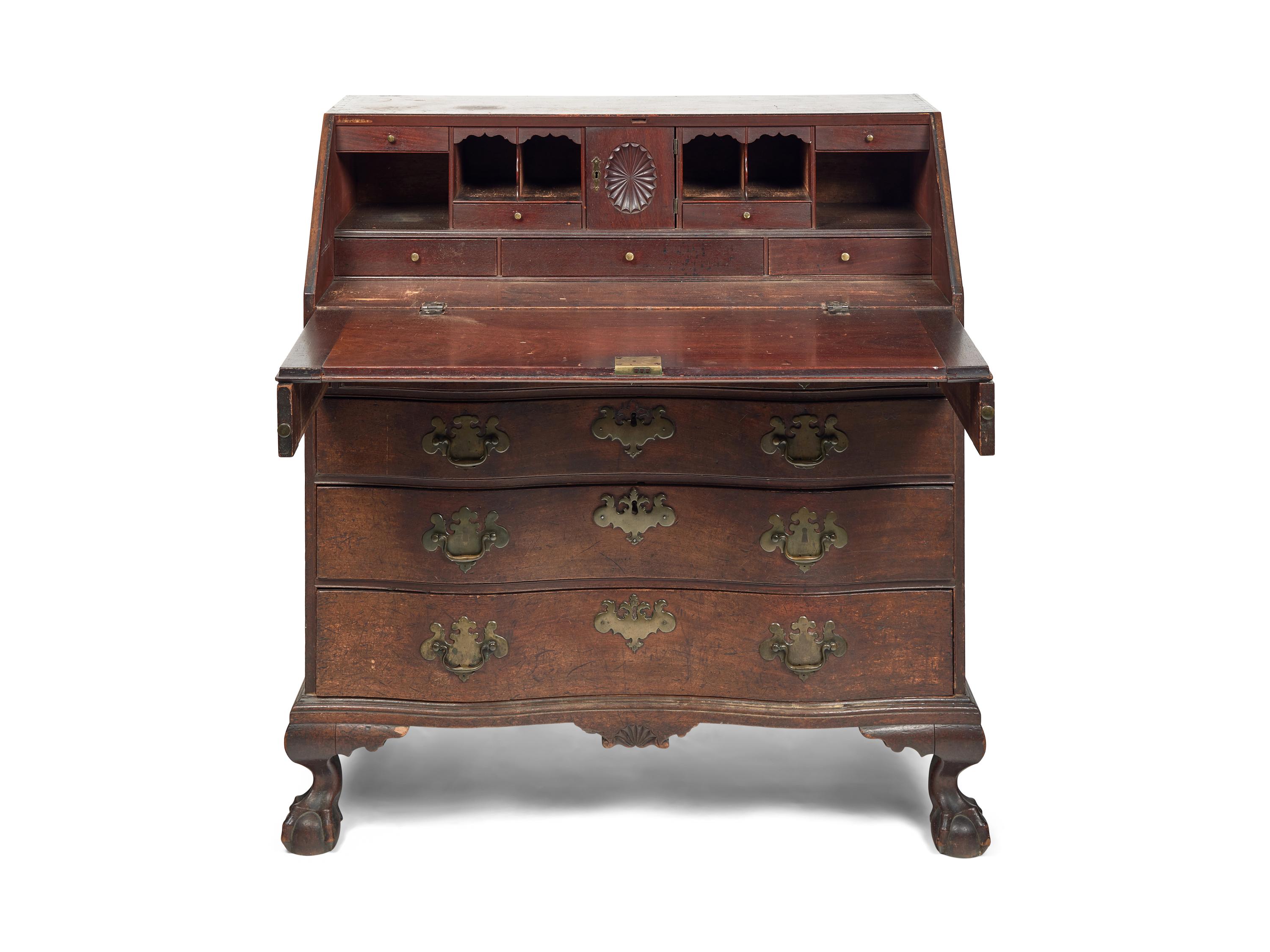 A Chippendale Mahogany Carved Oxbow Slant-Front Desk