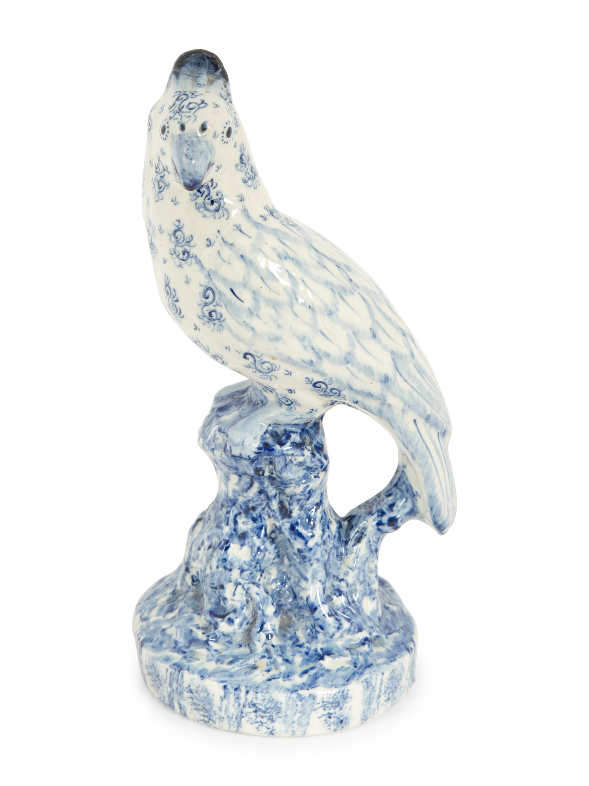 A Blue and White Spongeware Model of a Parrot