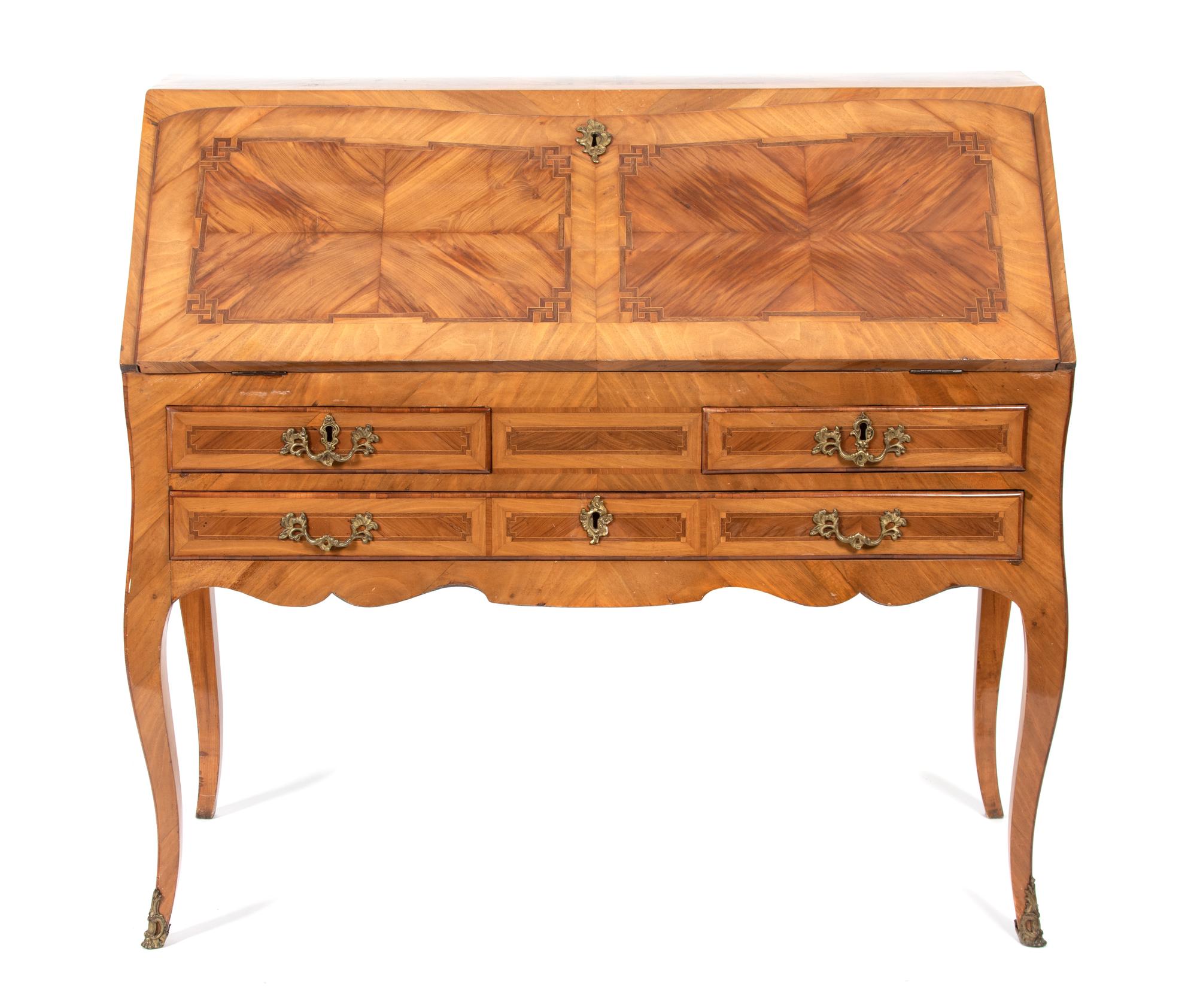 An Italian Rococo Style Olivewood and Parquetry Slant Front Desk Height 40 1/2 x width 44 1/2 x depth 20 inches. — EARLY 20TH CENTURY