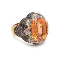 ORANGE SAPPHIRE, DIAMOND AND COLORED DIAMOND RING