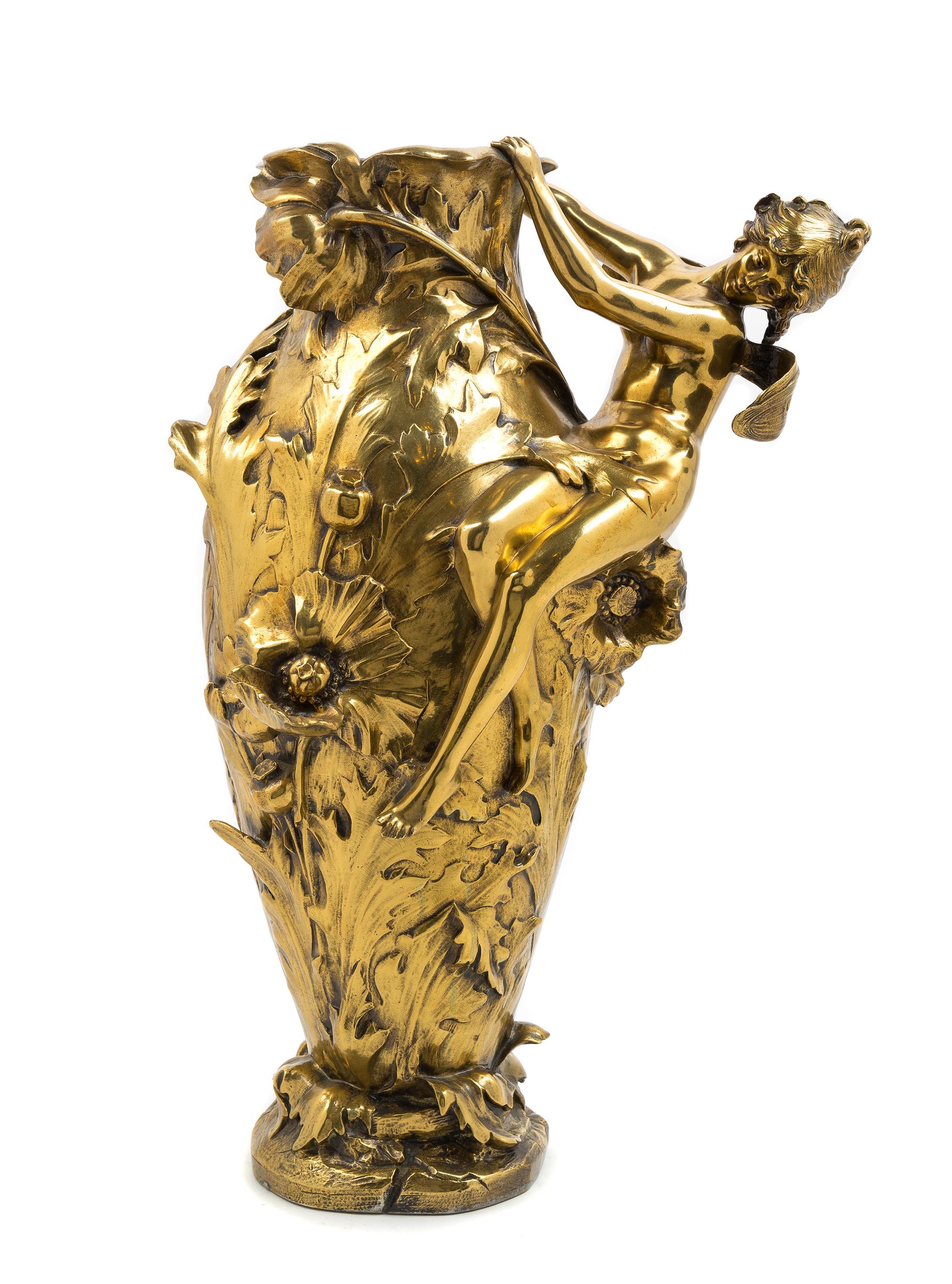 Francois & Louis Moreau, (French), an Art Nouveau vase, of baluster form with Psyche form handle and floral decoration