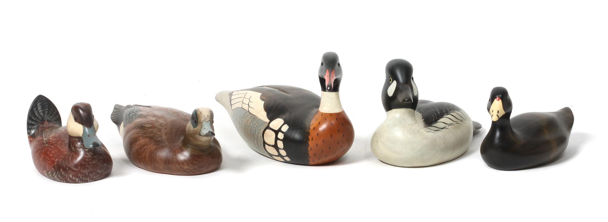 Five Decorative Painted Decoys, Big Sky Carvers, Bozeman, MT Height of largest 8 1/2 x length 19 inches.