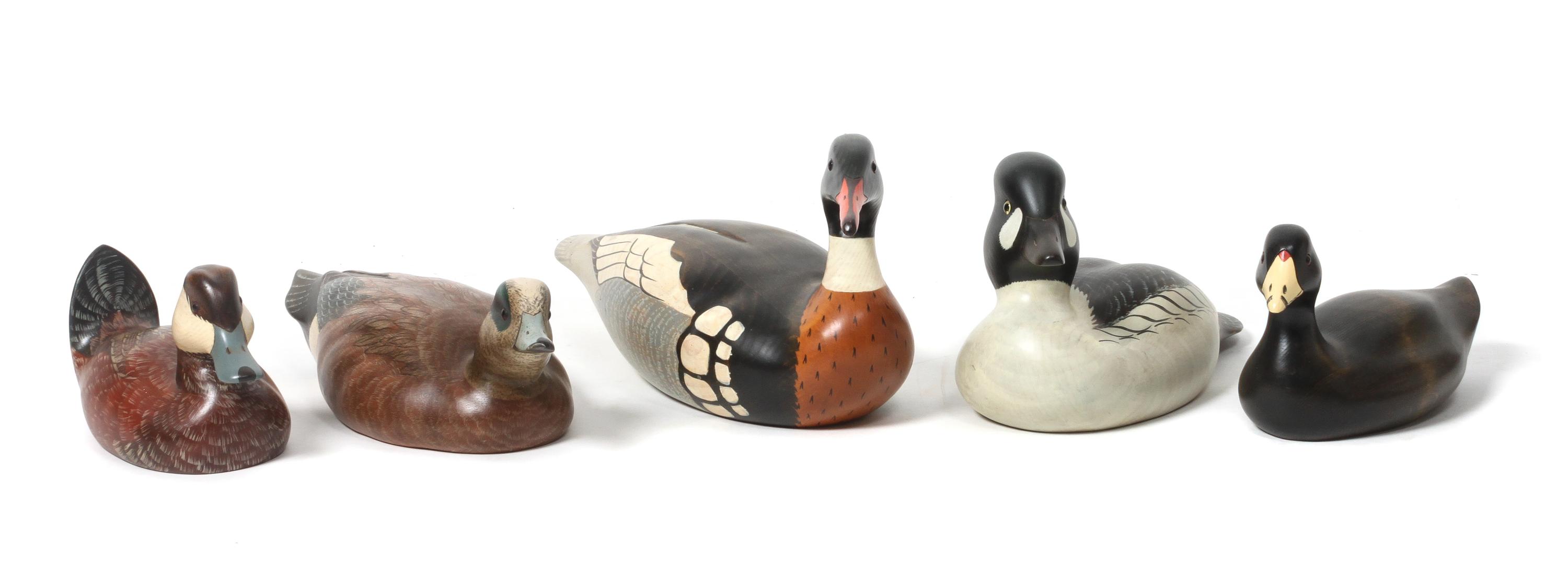 Five Decorative Painted Decoys, Big Sky Carvers, Bozeman, MT Height of largest 8 1/2 x length 19 inches.