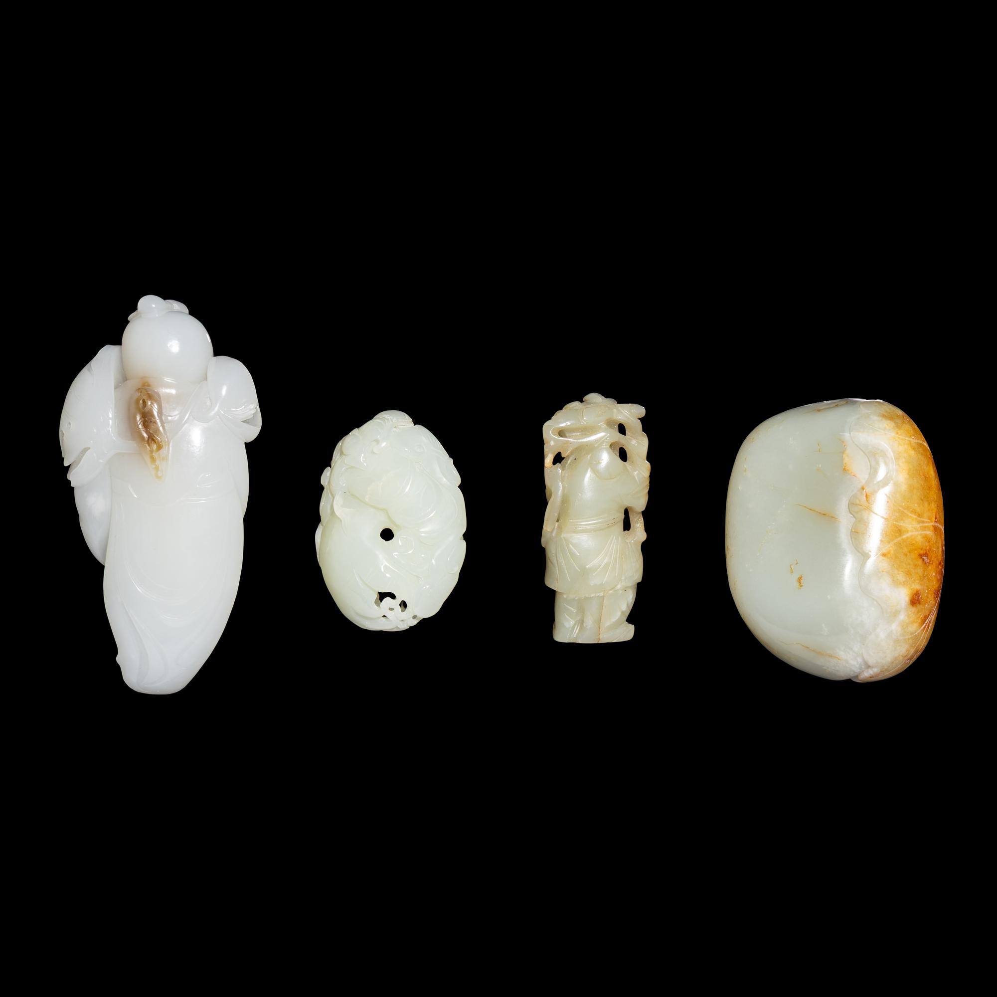 Four Chinese Celadon and White Jade Carvings, 20th Century 近代 青白玉把件四枚