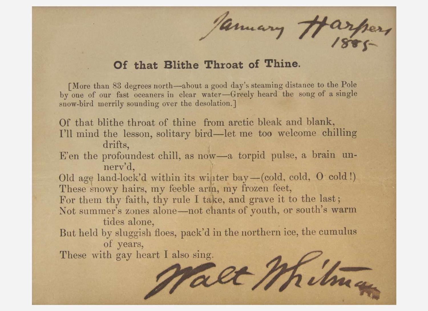 [Literature] Whitman, Walt: Printed Poem, signed