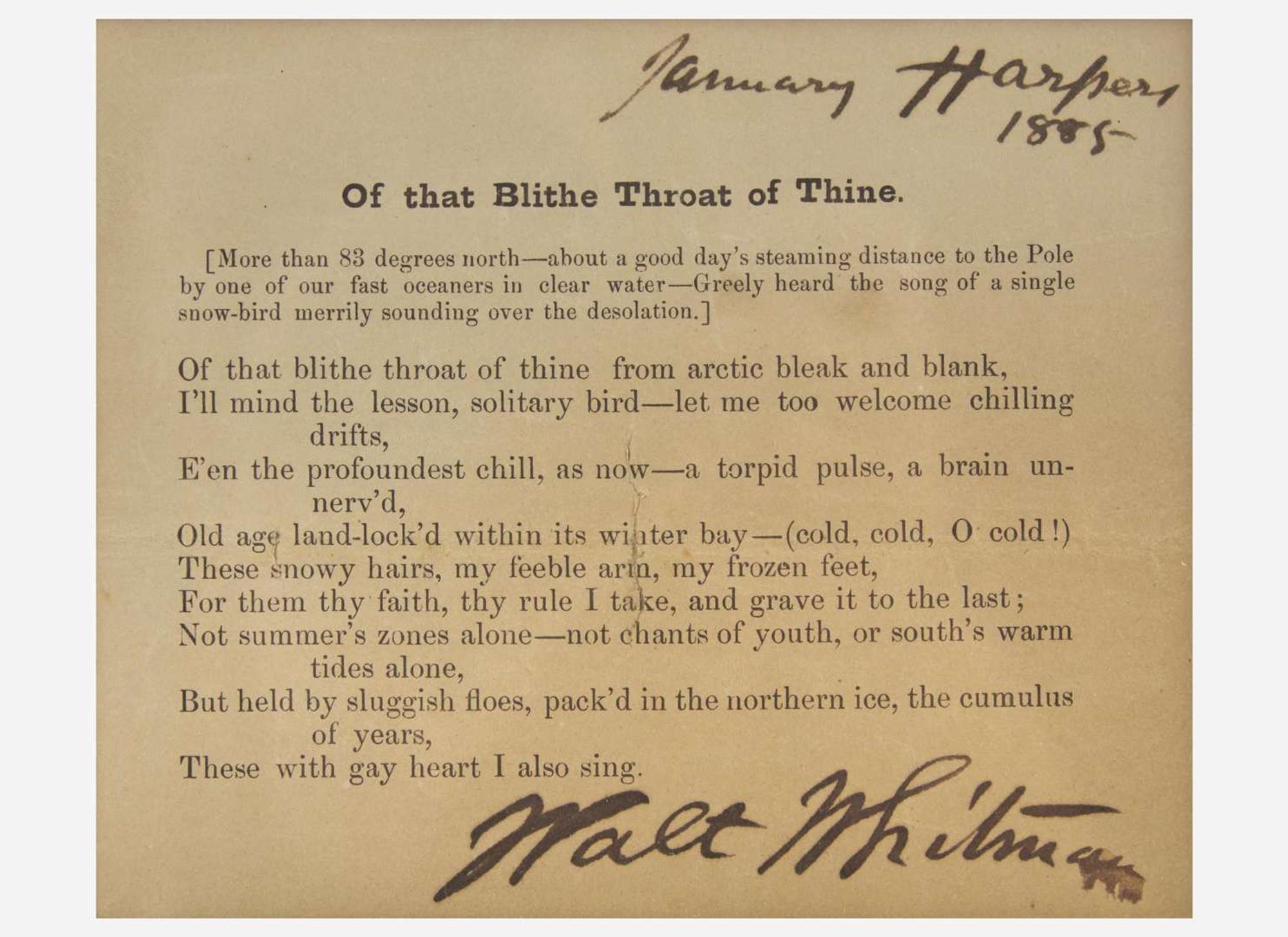 [Literature] Whitman, Walt: Printed Poem, signed