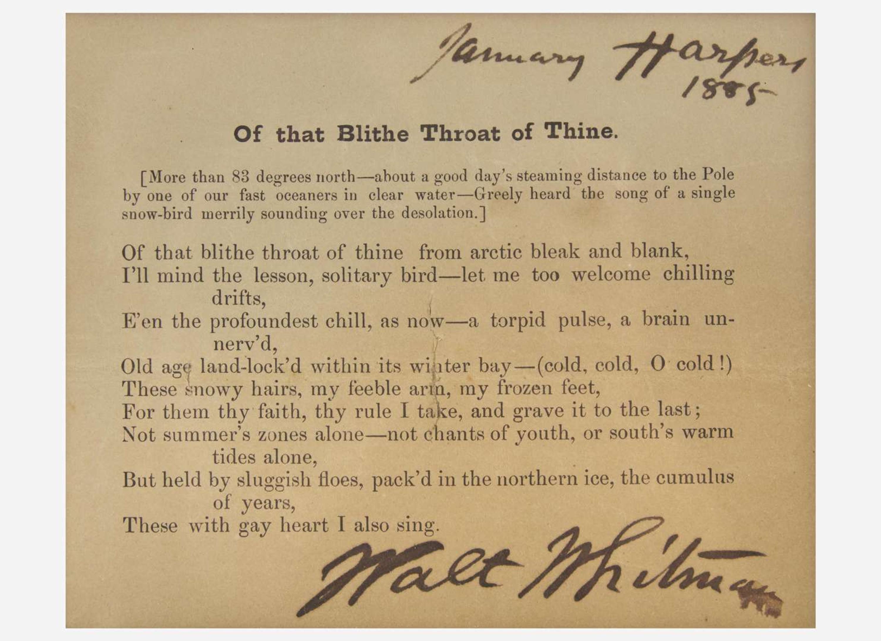 [Literature] Whitman, Walt: Printed Poem, signed