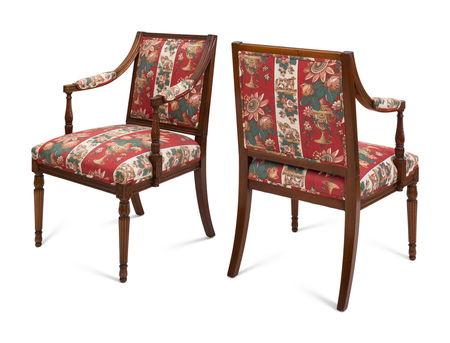 A Pair of Louis XVI Style Fauteuils with Striped Upholstery
