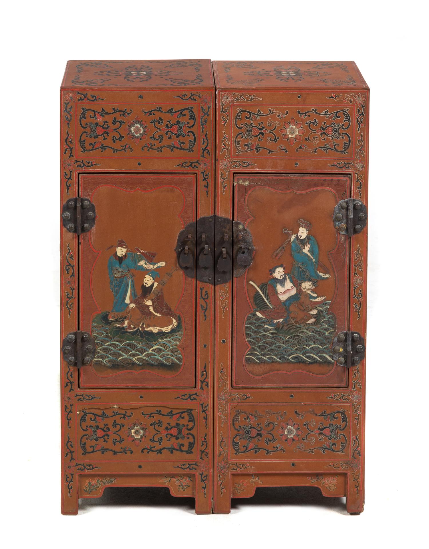 A Small Chinese Polychrome Painted Red Lacquered Chest Height 20 1/8 x width 14 x depth 7 inches.