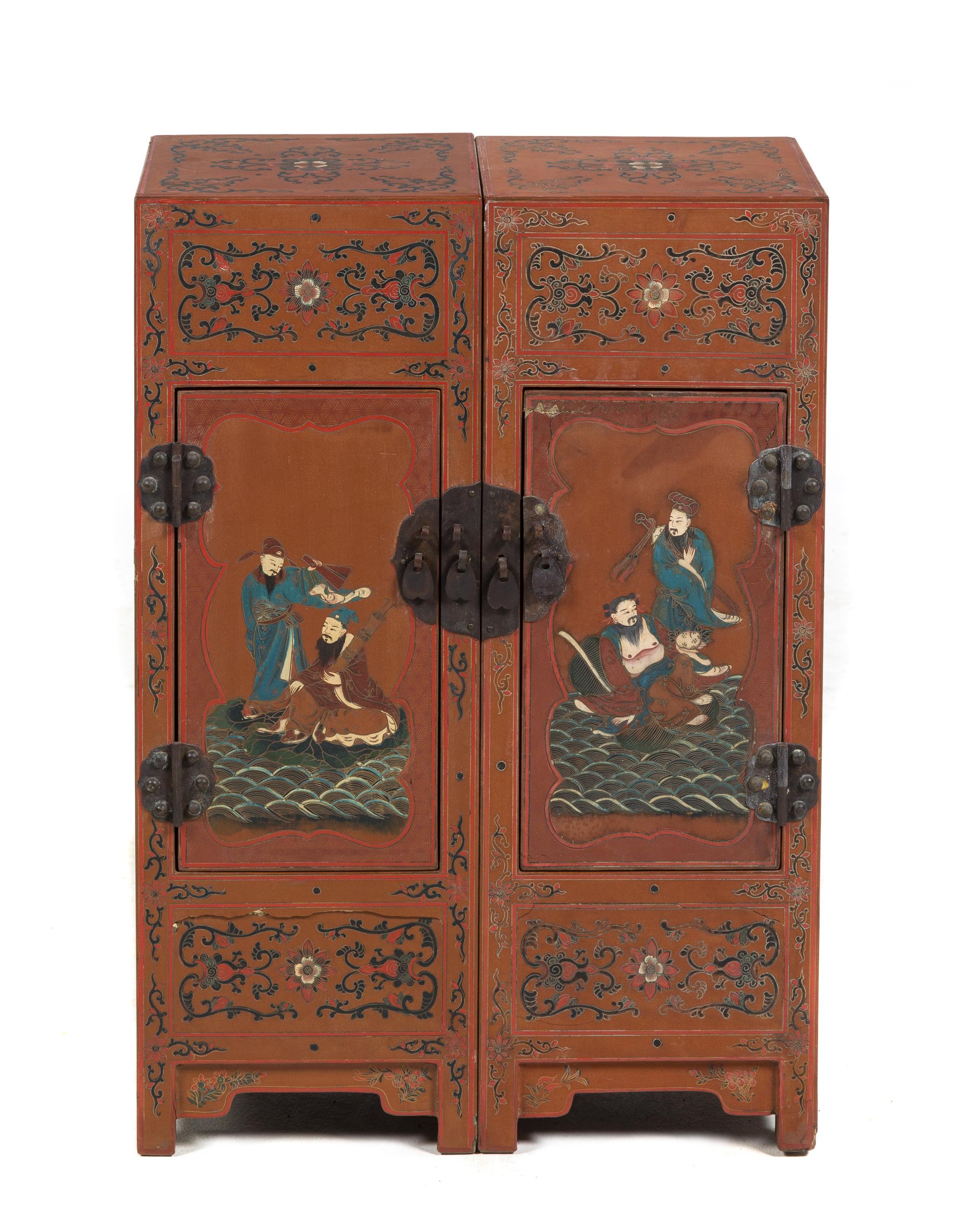 A Small Chinese Polychrome Painted Red Lacquered Chest Height 20 1/8 x width 14 x depth 7 inches.