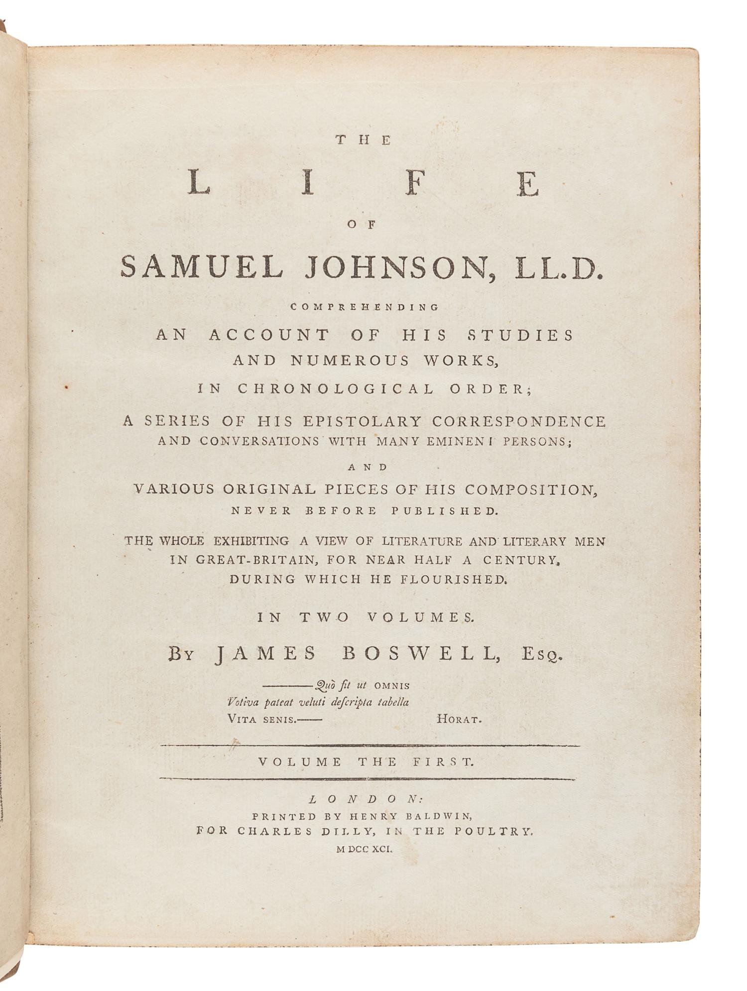 BOSWELL, James (1740-1795). The Life of Samuel Johnson . London: Henry Baldwin for Charles Dilly, 1791.